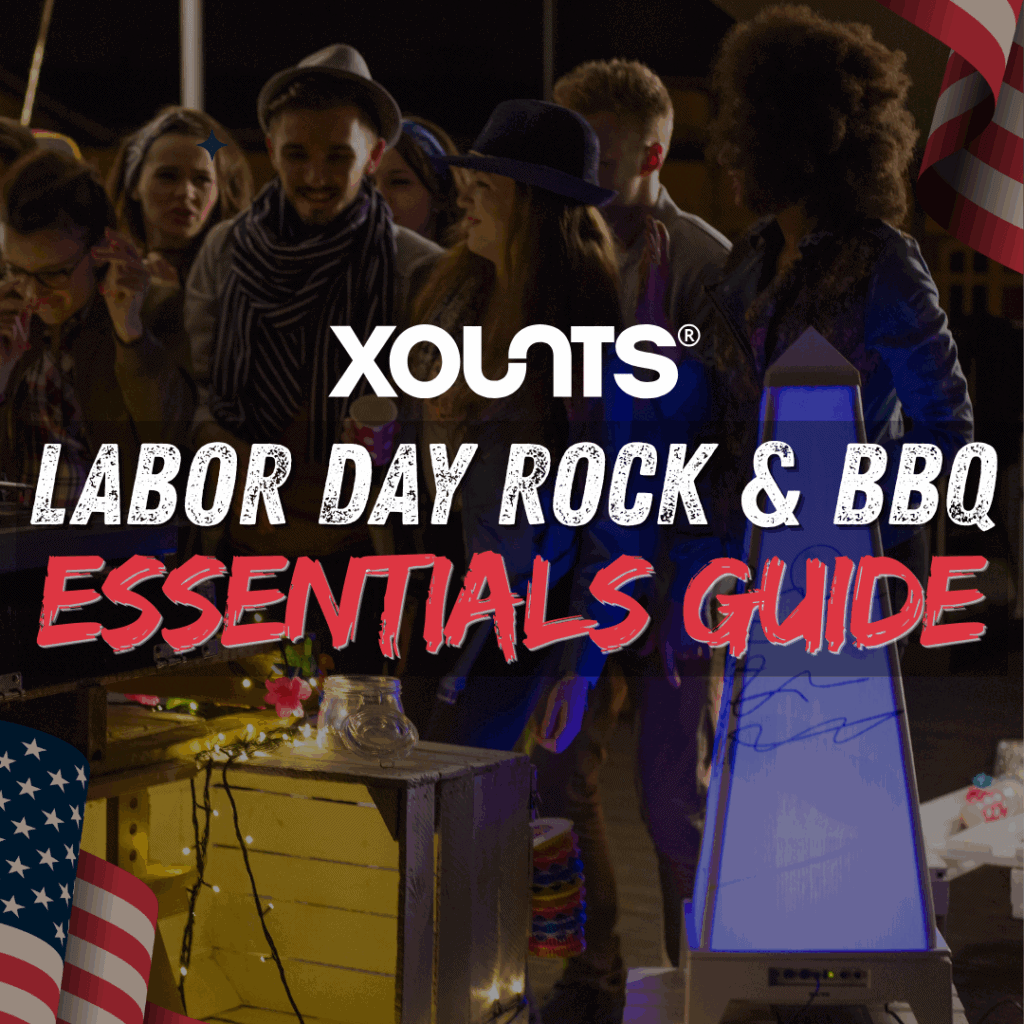 Group of young people enjoying a nighttime outdoor party with string lights, a glowing XOUNTS speaker, and the text “Labor Day Rock & BBQ Essentials Guide.”
