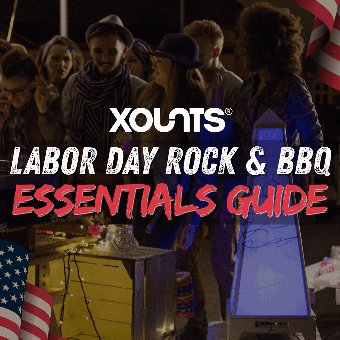 Group of young people enjoying a nighttime outdoor party with string lights, a glowing XOUNTS speaker, and the text “Labor Day Rock & BBQ Essentials Guide.”