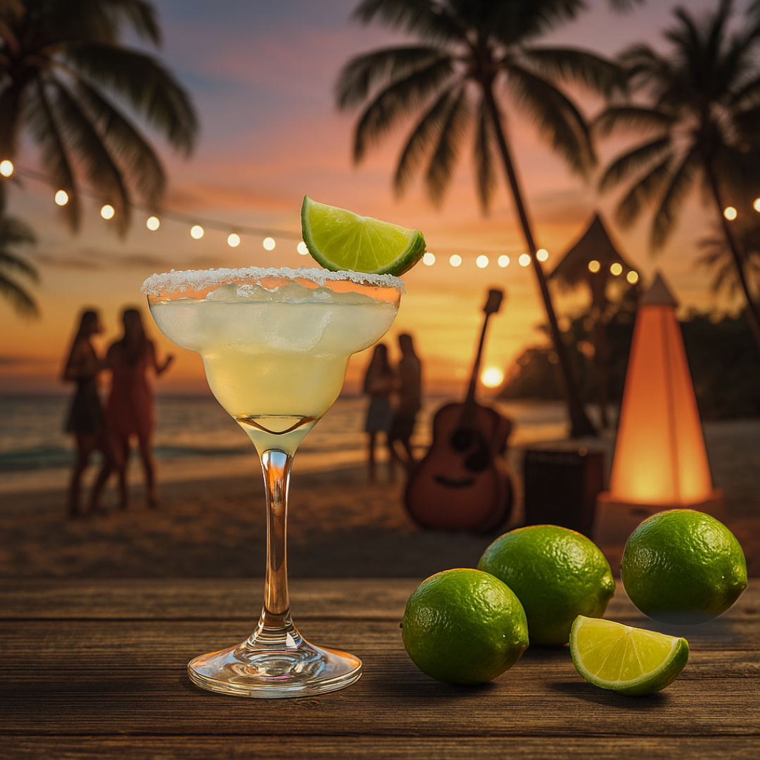 Margarita cocktail with salted rim and lime wedge on a wooden table at a tropical beach party during sunset, with palm trees, string lights, friends dancing, a guitar, and a glowing XOUNTS speaker silhouette in the background.