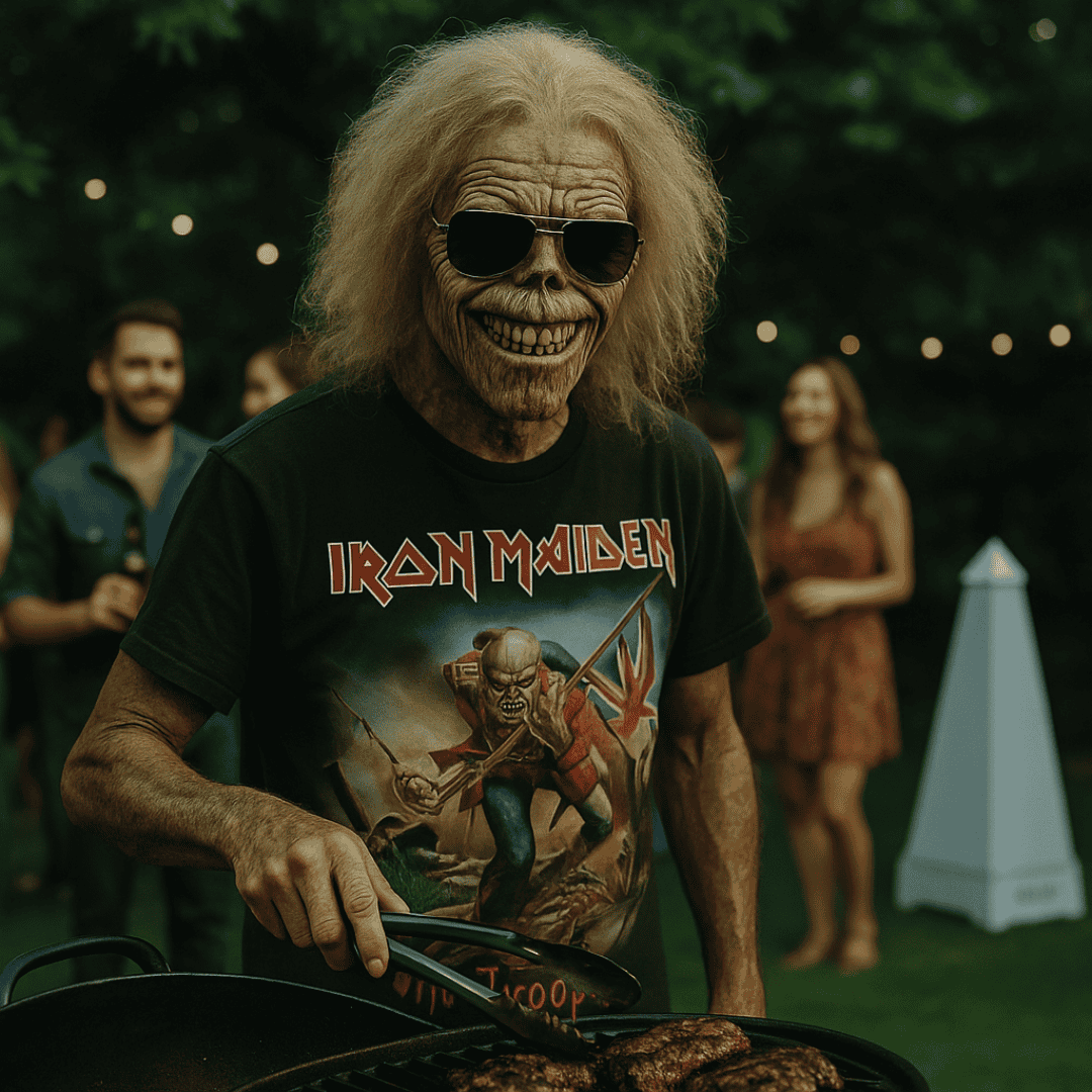 Eddie, Iron Maiden’s mascot, wearing sunglasses and an Iron Maiden T-shirt, grilling meat at a backyard garden party, with a subtle XOUNTS speaker in the background.