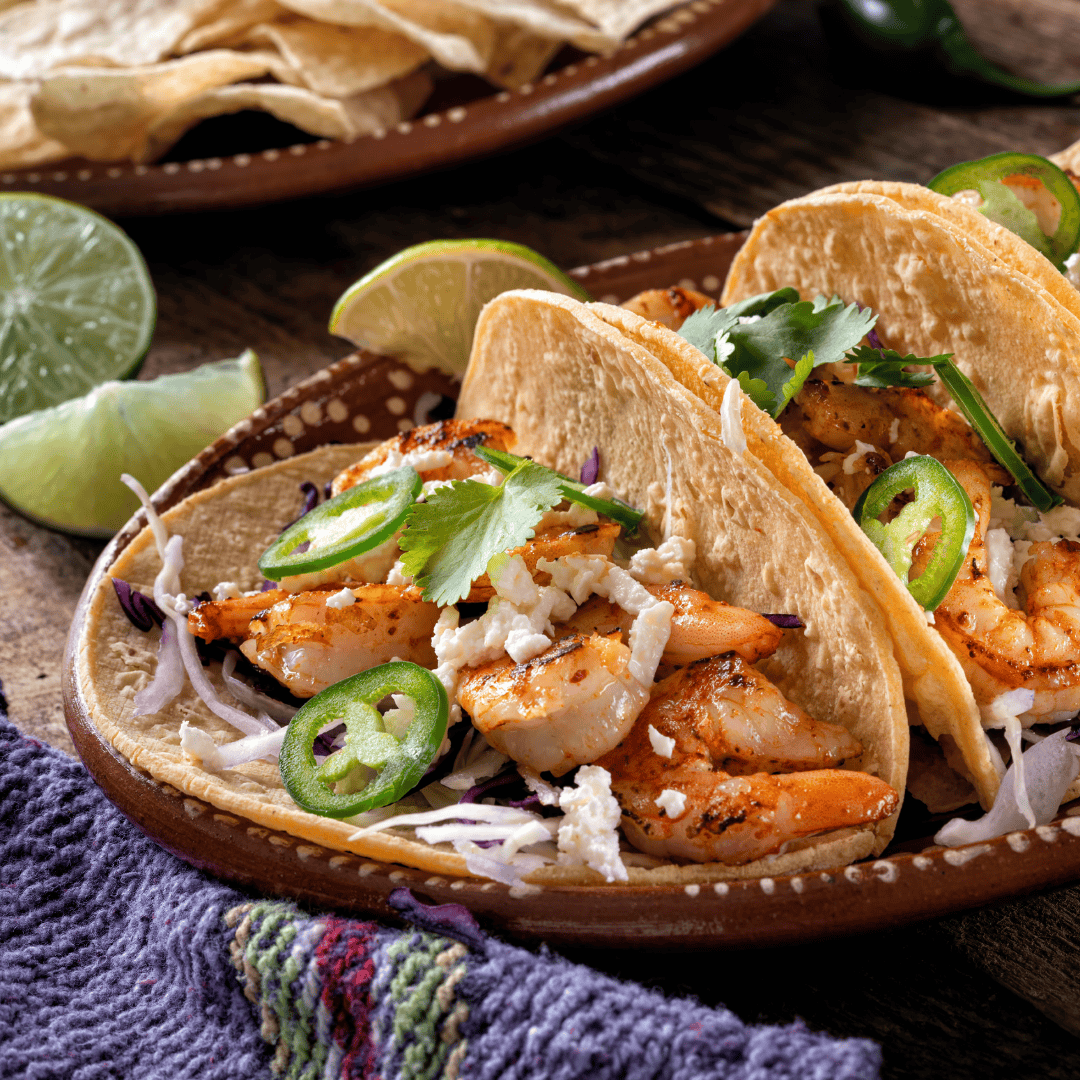 Loaded Sammy HAGAR Shrimp Tacos with Cheese, Sour Cream, and Fresh Avocado