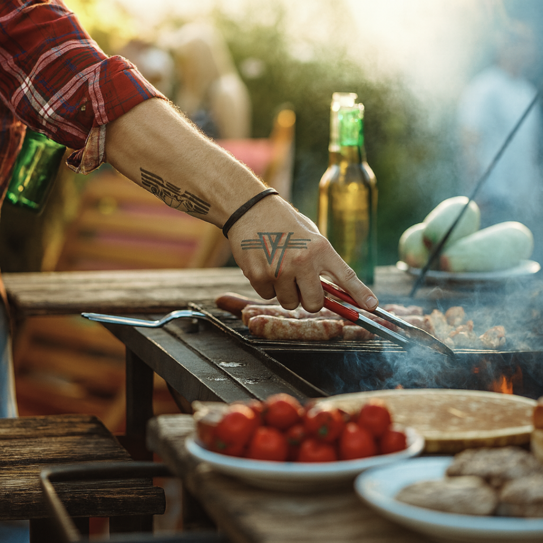 Close-up of a man grilling sausages at a Labor Day BBQ, wearing a plaid shirt and showing a Van Halen tattoo on his arm, with beer bottles and food on the rustic table.